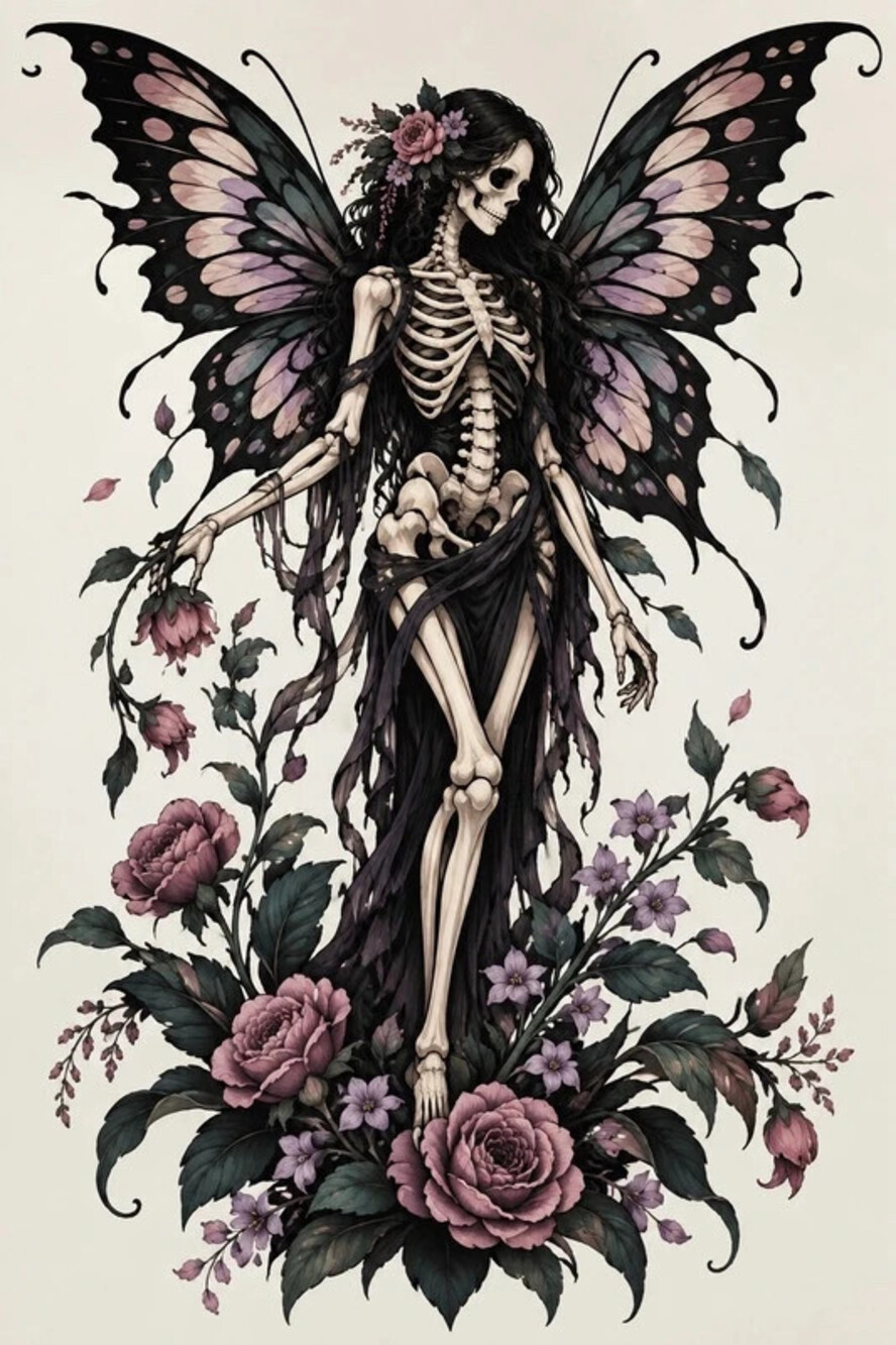 8x10 Framed Gothic Skeleton Butterfly Fairy 2D Art Print